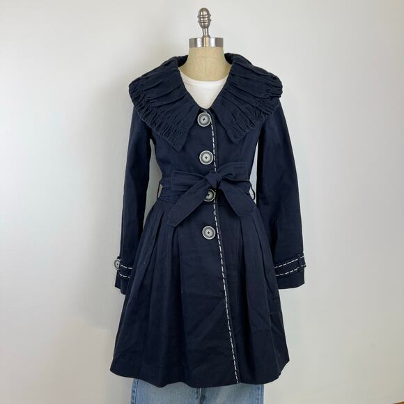 Nick and Mo Peter Pan Collared Button Front Navy Blue Tie Waist Long Jacket (M) - Picture 13 of 14